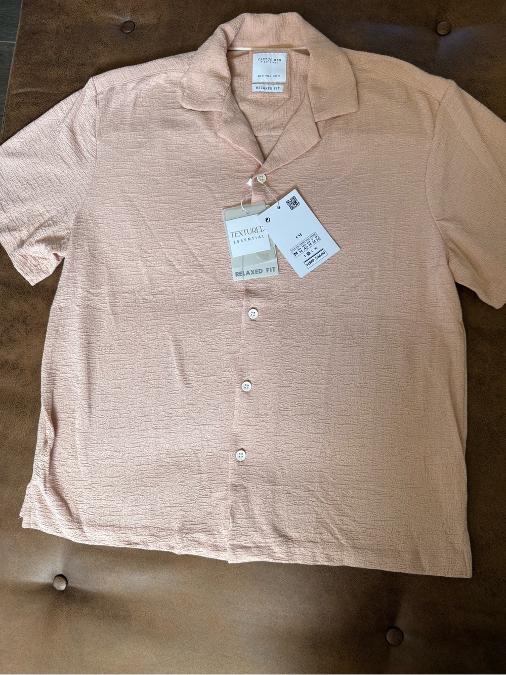 Textured Relaxed Button-Down Shirt in Light Peach by